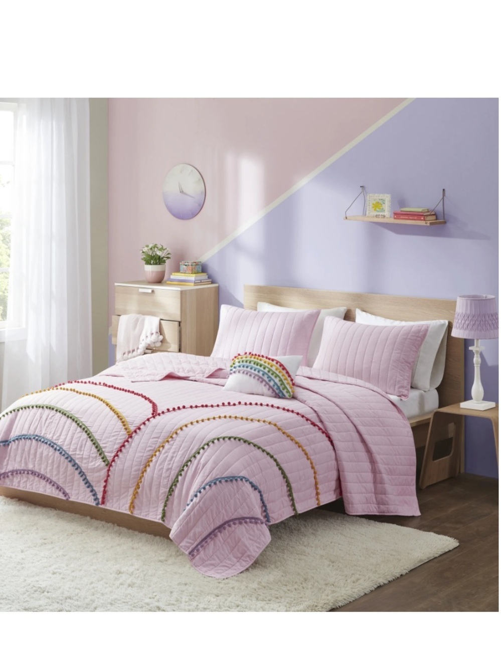 Pink Rainbow Pom Pom 4 Piece Coverlet Set